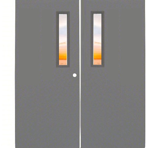 Commercial Industrial Hollow Metal Steel 3-Hours Fire Rated Double Door with 6 in. x 27 in. Glass Lite Window