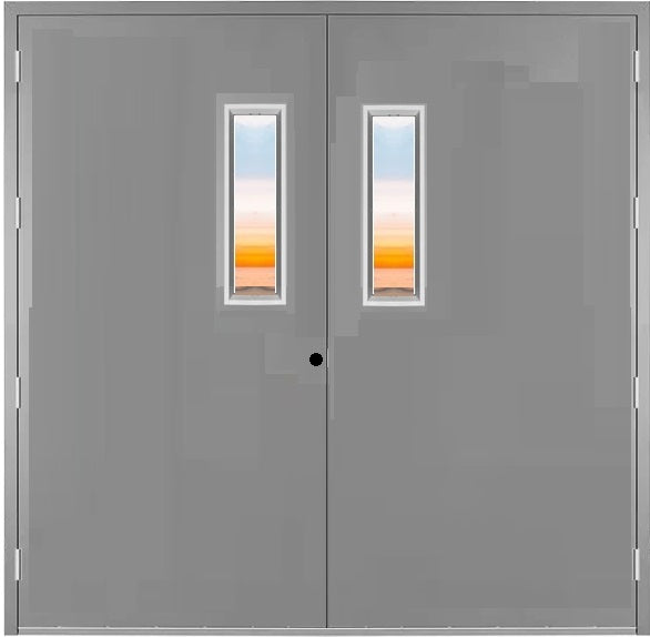 Commercial Industrial Hollow Metal Steel 3-Hours Fire Rated Double Door with 6 in. x 27 in. Glass Lite Window