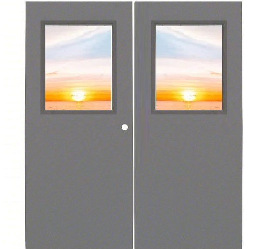 Commercial Industrial Hollow Metal Steel 3-Hours Fire Rated Double Door with Half Glass Lite Window