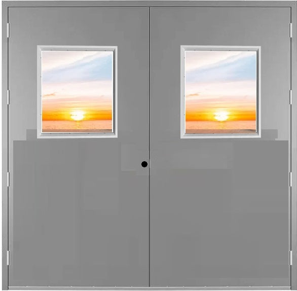 Commercial Industrial Hollow Metal Steel 3-Hours Fire Rated Double Door with Half Glass Lite Window