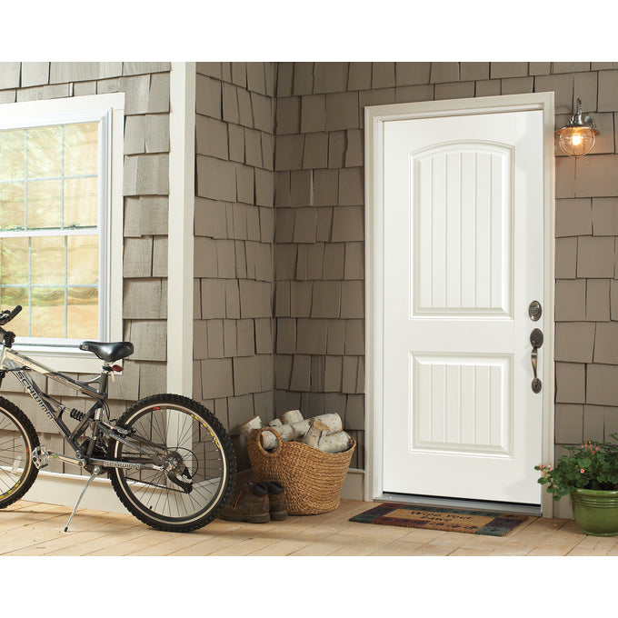 Belleville Smooth Fiberglass Cheyenne Style Cottage 2 Panel Arch Top Grooved Classic Door
