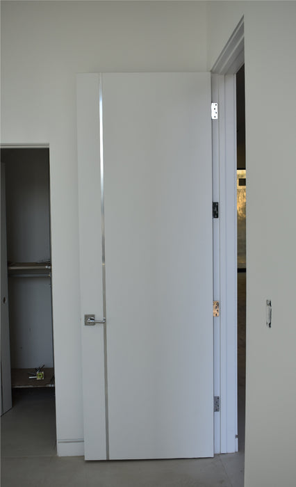 Axel - Interior Solid Core Primed White Door with Solid Aluminum Inlay Shiny Chrome